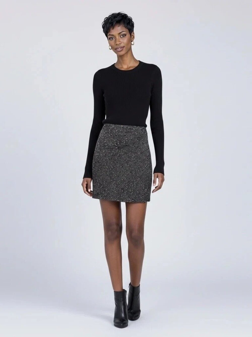 NWT$98 Max Studio Tweed Knit Mini Skirt Black White Elastic Waist New Sz L Large - Picture 2 of 13